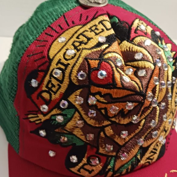 Ed Hardy vintage cap AB rinestones  embroidery big rose os fit all new - Picture 2 of 9